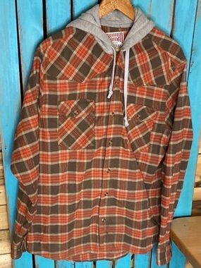 Jared Plaid Button-Up Shirt with Hood size XL orange brown